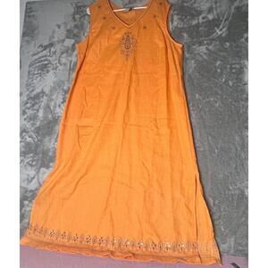 JL Studio Linen Dress Women 18W Petite Yellow Beaded Sleeveless V-Neck Side Slit